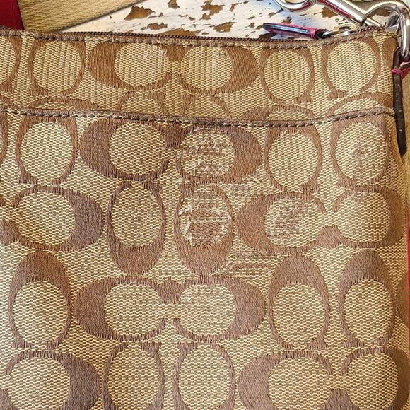 Coach crossbody purse bag brown logo print & hot pink 9" x 7" - Picture 3 of 7